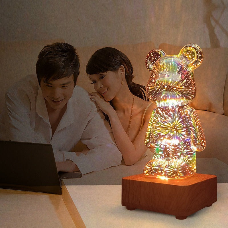 LED3D glass 8-color fireworks table lamp romantic and warm bear night light USB dreamy atmosphere bedside lamp